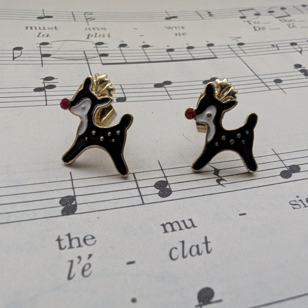 Reindeer Stud Earrings with Red and Gold Accents